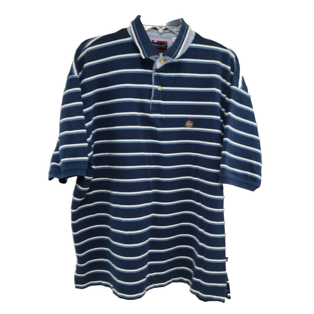 Bugle Boy Polo Shirt Men's Gray Blue Striped, Short Sleeve Size X-Large